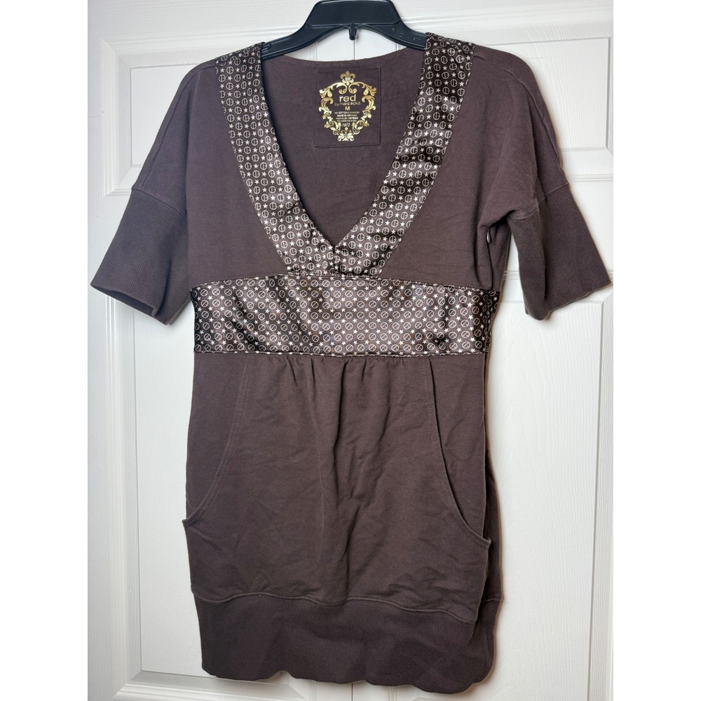 Red Marc Ecko Brown V-Neck Tunic Sweatshirt Dress Satin Trim Pockets Medium Y2K